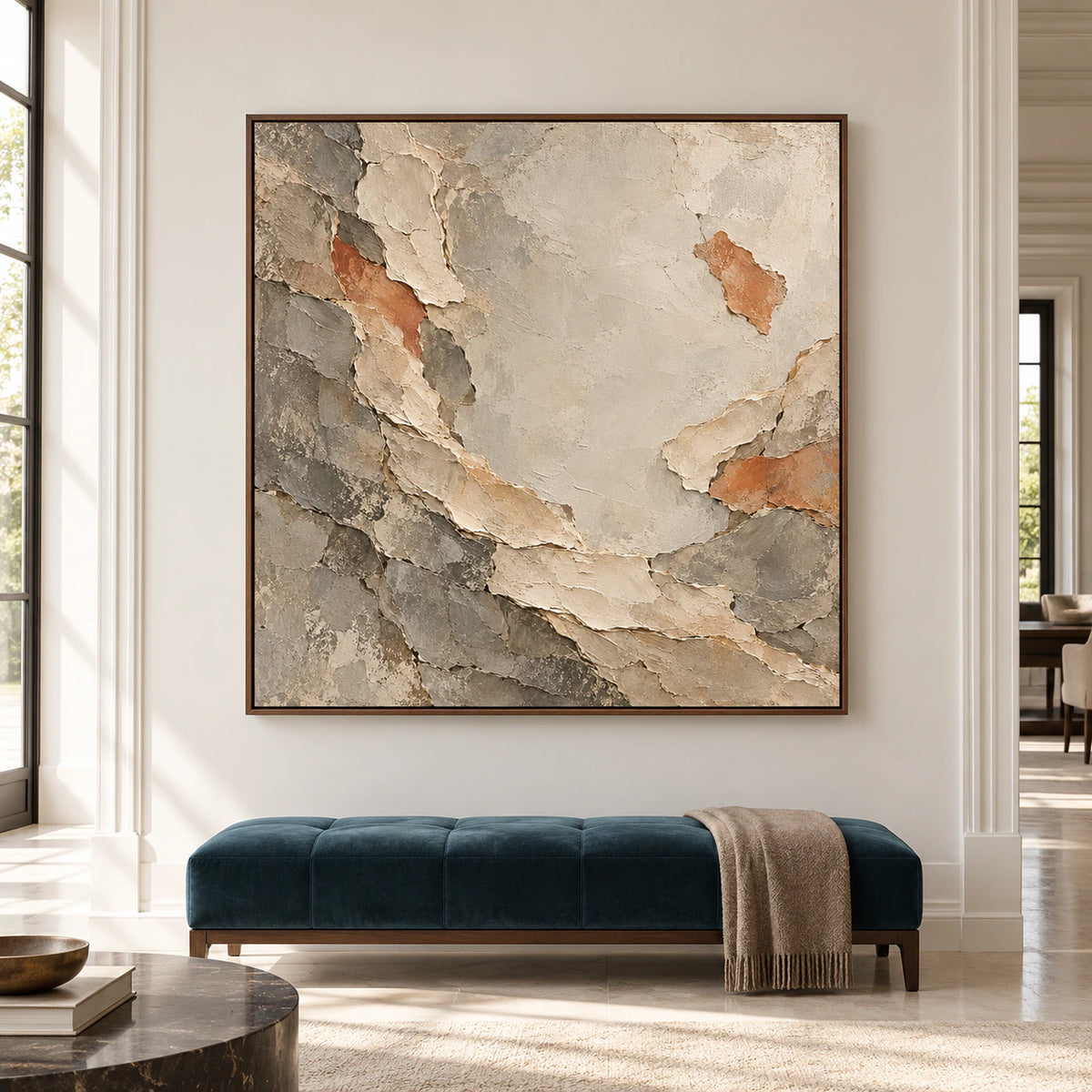 Large square Marl-Unfurl painting viewed straight on in a spacious, bright architectural room with restrained furnishings and natural daylight.