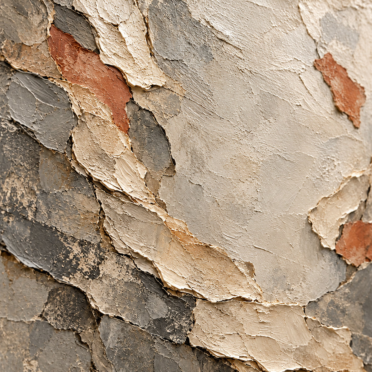 Oblique close-up of Marl-Unfurl showing ivory, clay and gray paint layers, raised edges and surface texture under grazing directional light.
