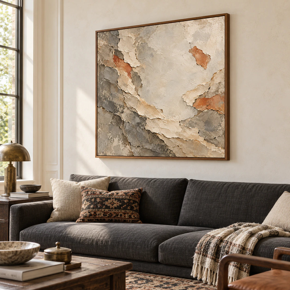 Marl-Unfurl painting on a pale limestone wall in a bright living room with a charcoal sofa and dark wood accents, viewed from the left at seated eye level.