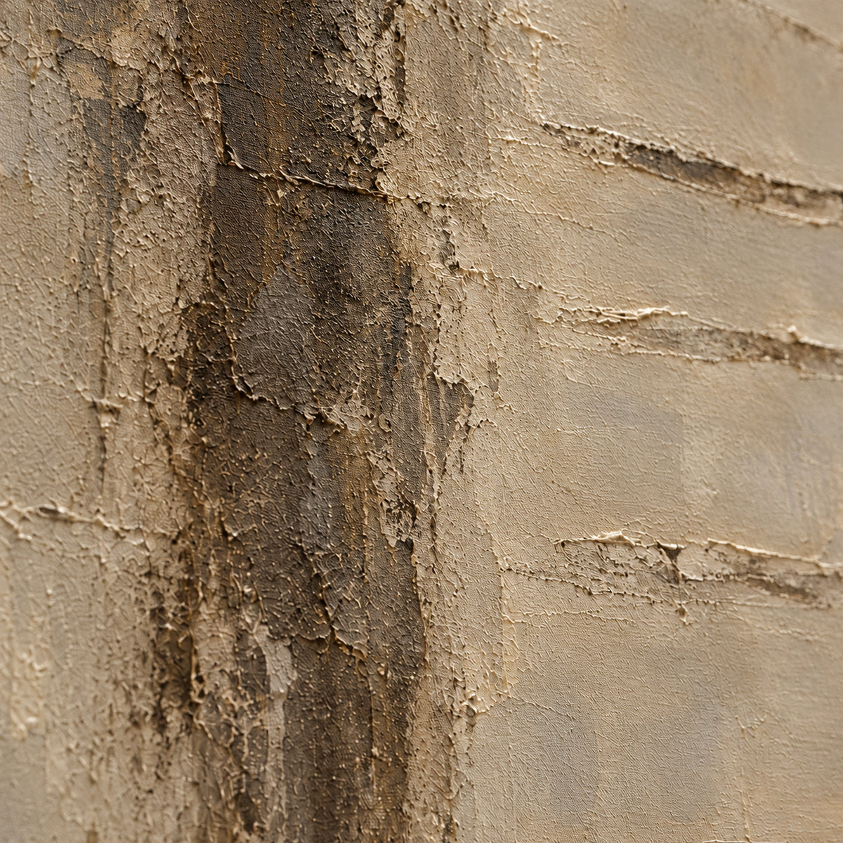 Oblique close-up of the oil painting’s beige and taupe surface, with grazing light revealing raised paint, rough texture and shallow shadows.