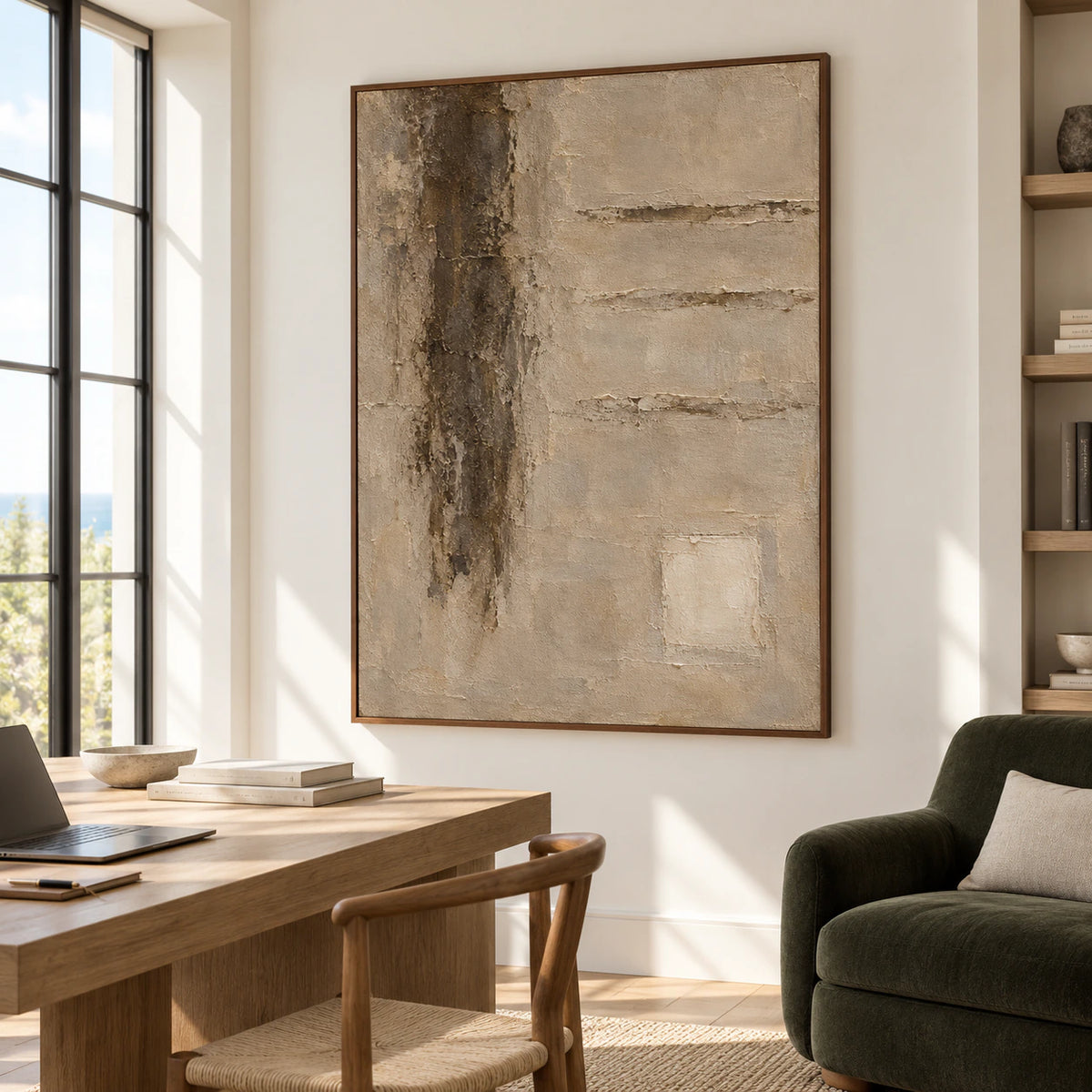 Vertical textured abstract painting viewed from the right in an airy home office with a dark green reading chair, slim desk and tall windows.