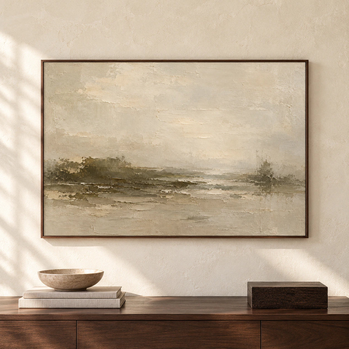 Large horizontal abstract landscape on a pale limestone wall in a spacious modern room with dark wood furnishings, viewed straight on in bright daylight.