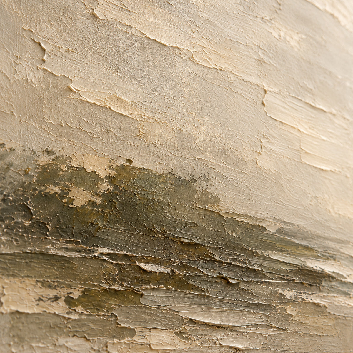 Close oblique detail of the oil painting, showing ivory and muted earth tones, raised paint ridges and irregular surface texture under grazing light.