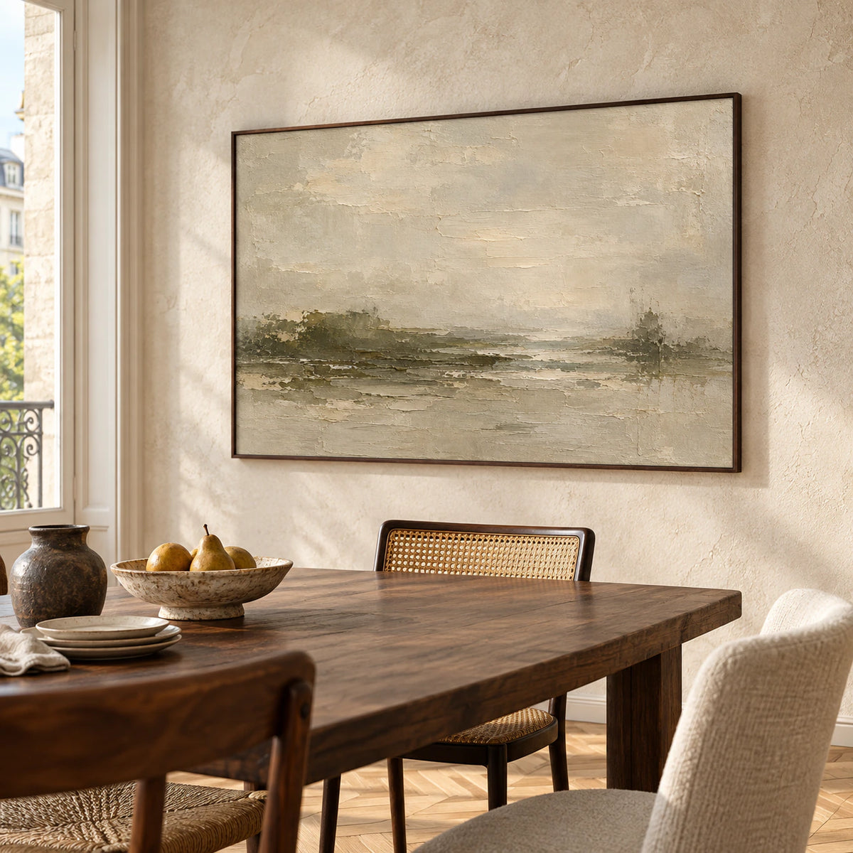Large painting on a light limestone wall above a dark walnut dining table, viewed from the right at seated eye level in a bright dining room.