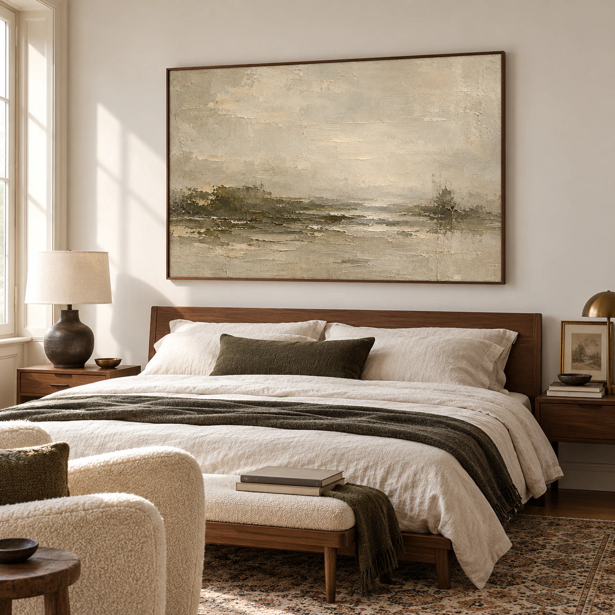 Horizontal painting above a low walnut bed with pale linen bedding and dark accents, viewed from a slightly elevated left angle in an airy bedroom.