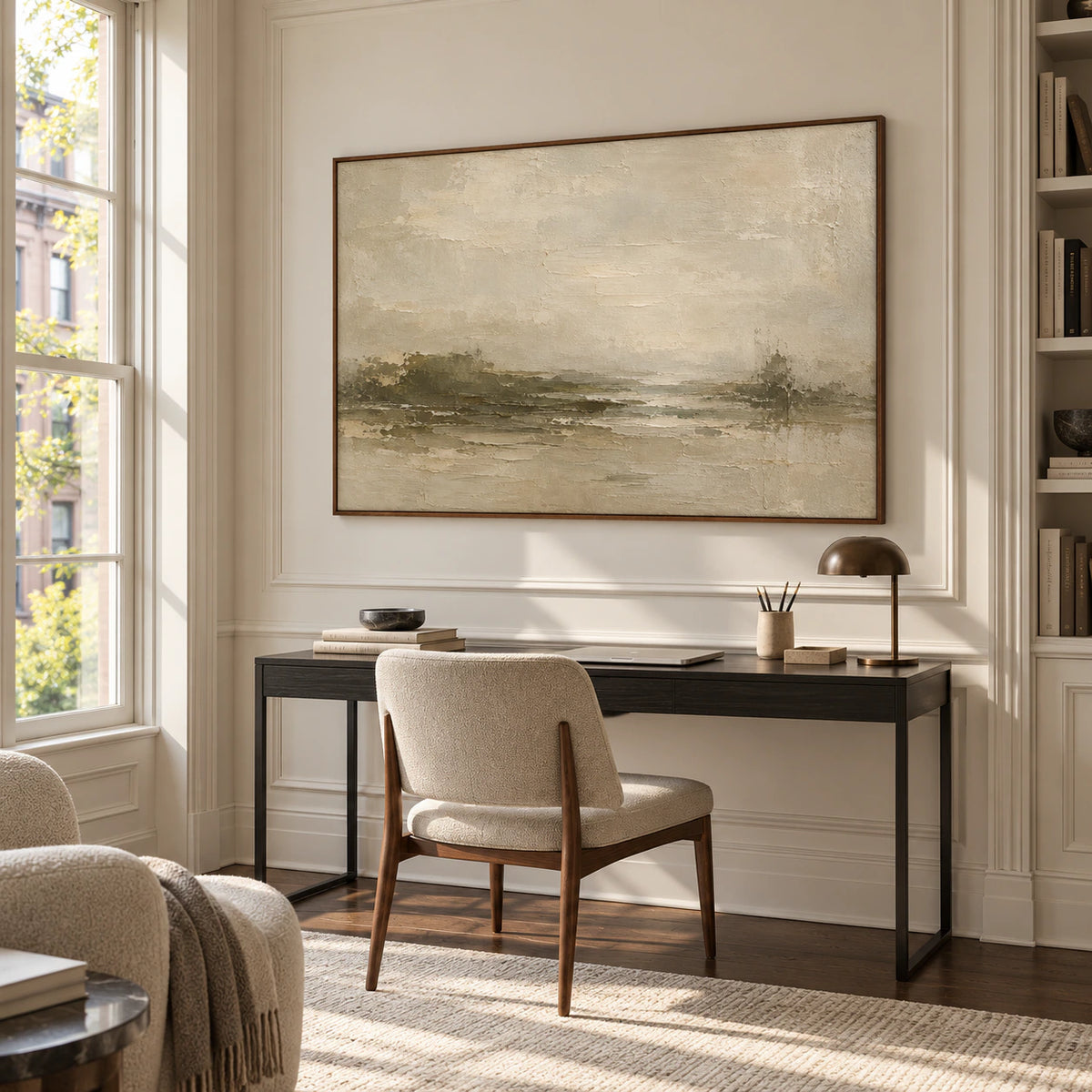 Large painting above a slim black desk in a bright home office with tall windows, a desk chair and a cool neutral reading chair, viewed from the right.