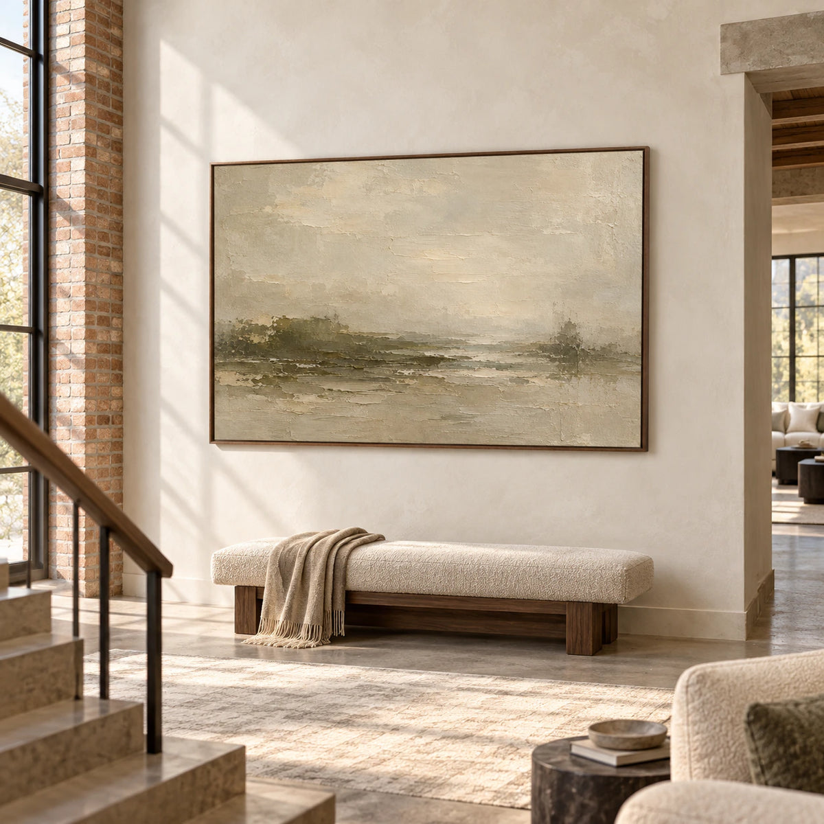 Large painting on a pale plaster wall across a broad stair landing with stone and dark timber details, viewed from a low left angle in a bright foyer.