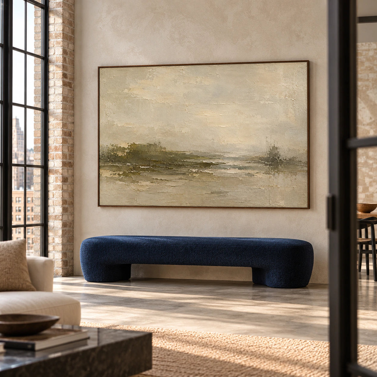 Large painting on a pale plaster wall beside exposed brick, above a deep blue bench in an airy loft with tall windows, viewed from a distant right angle.