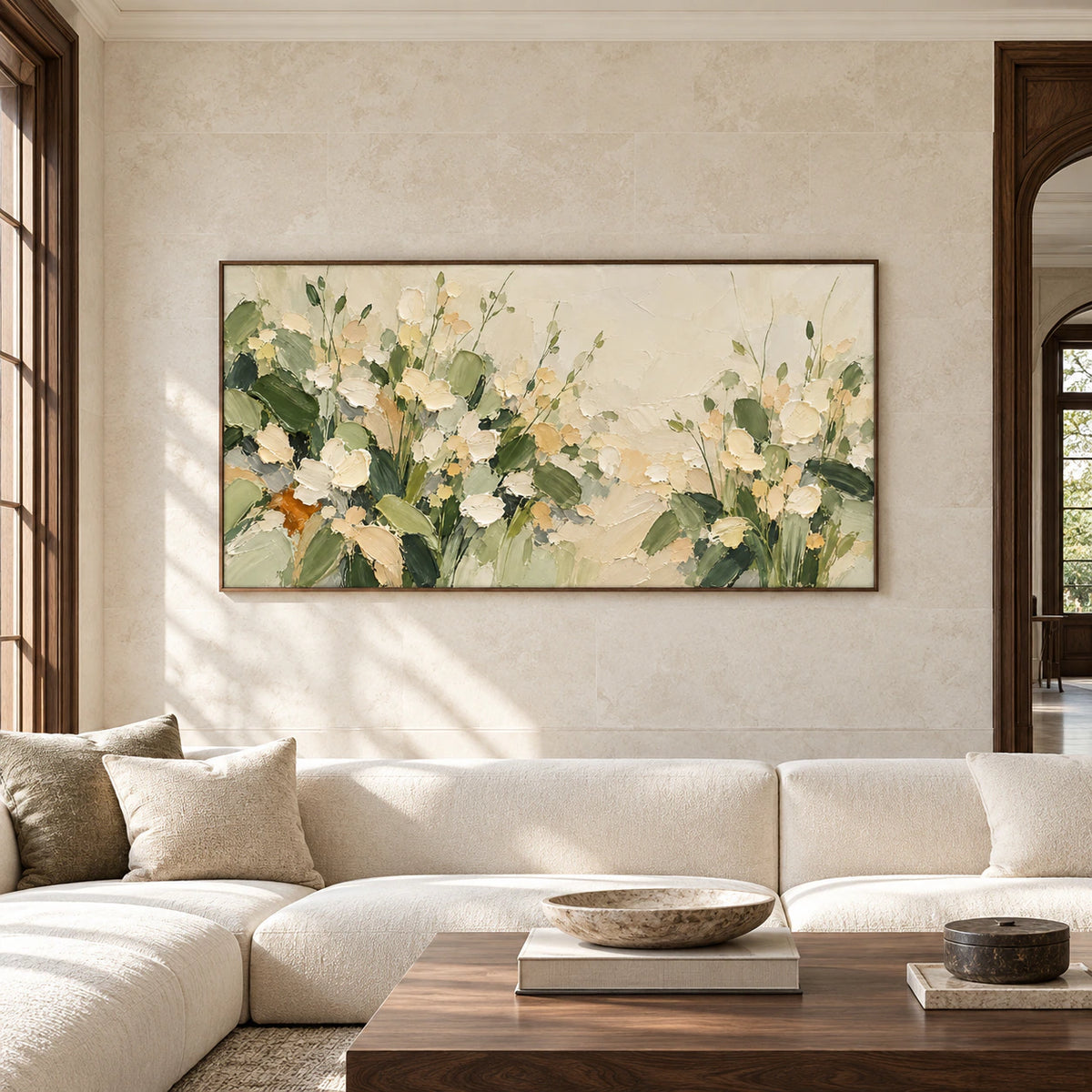 Large horizontal floral painting viewed straight on in a spacious daylight gallery with limestone and dark wood surroundings.