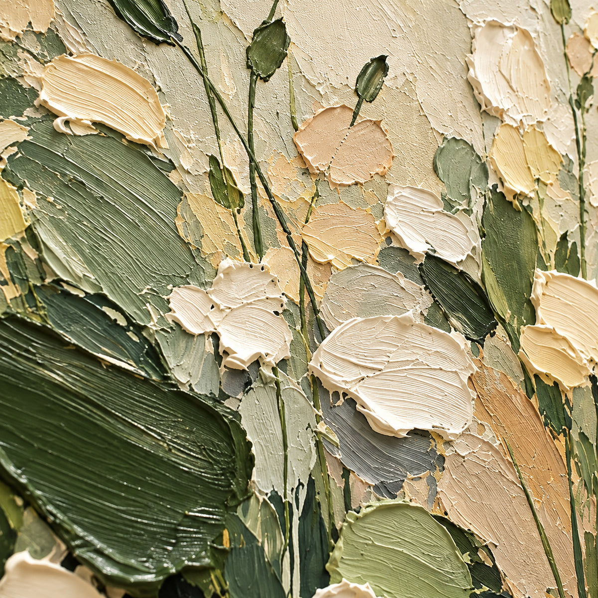 Close oblique detail of Meadow-Still's raised floral brushwork, with grazing light revealing paint ridges and shallow shadows.