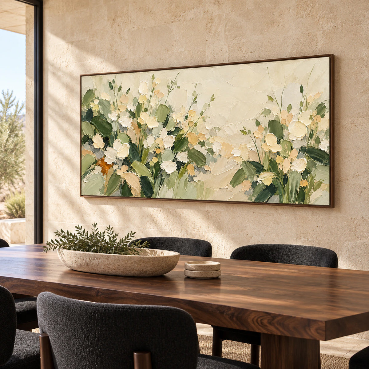 Large floral painting above a long dark walnut dining table with sculptural black chairs and a light stone wall, viewed from a slight right angle.