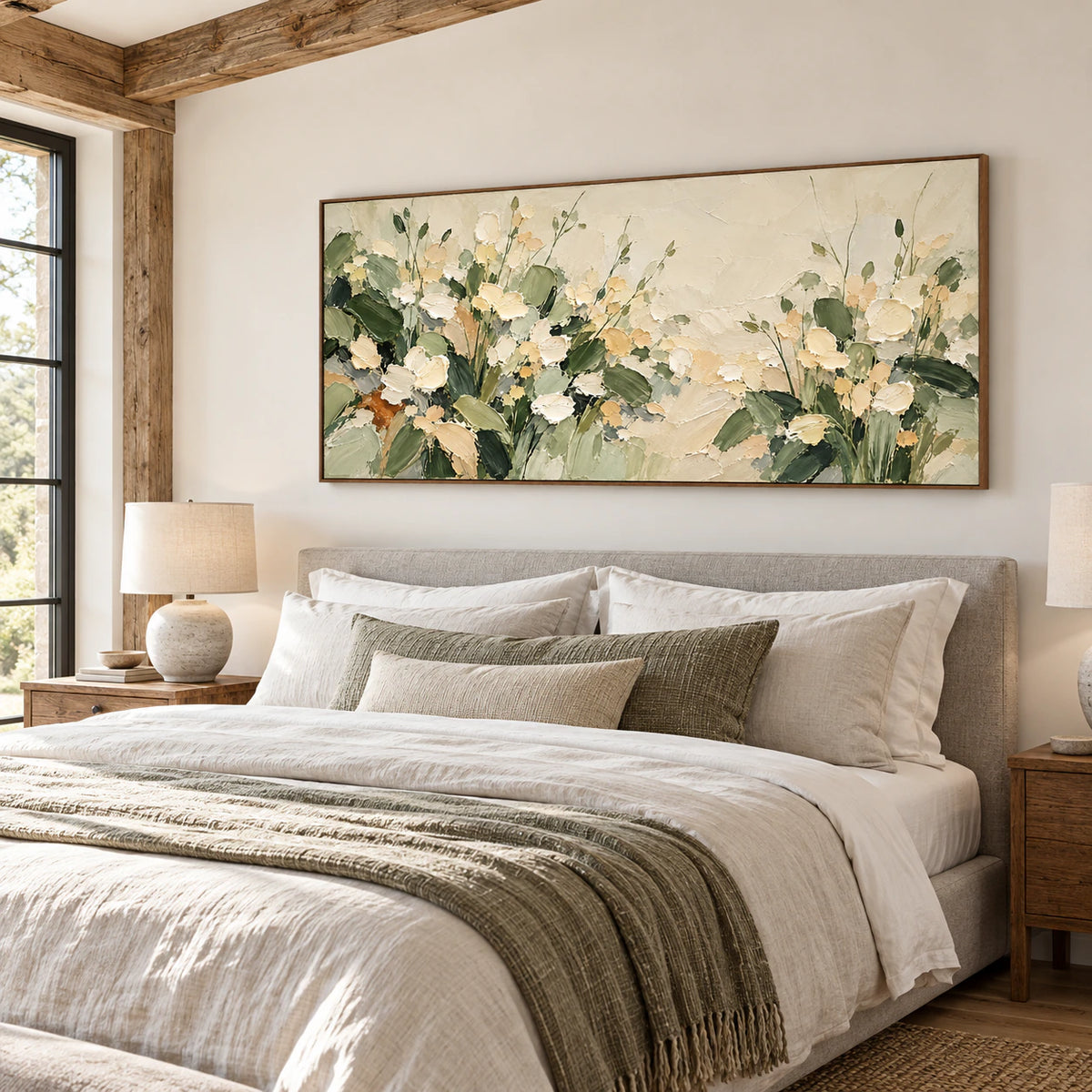 Wide floral painting above a low dove gray upholstered bed with natural linen bedding against a pale wall, viewed from a slight left angle.