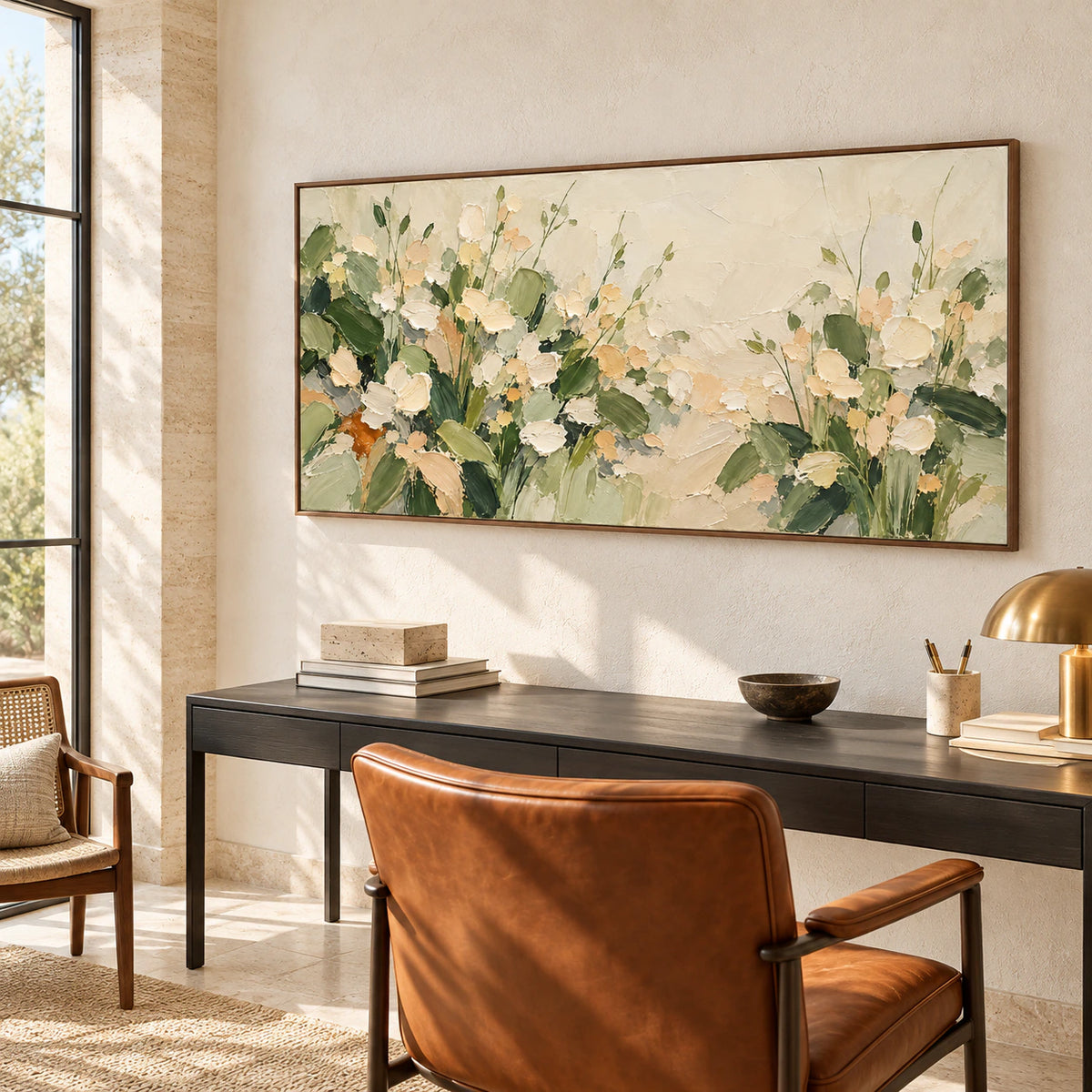 Large floral painting above a slender black desk beside a cognac leather chair in an airy office and reading nook, viewed from the right.