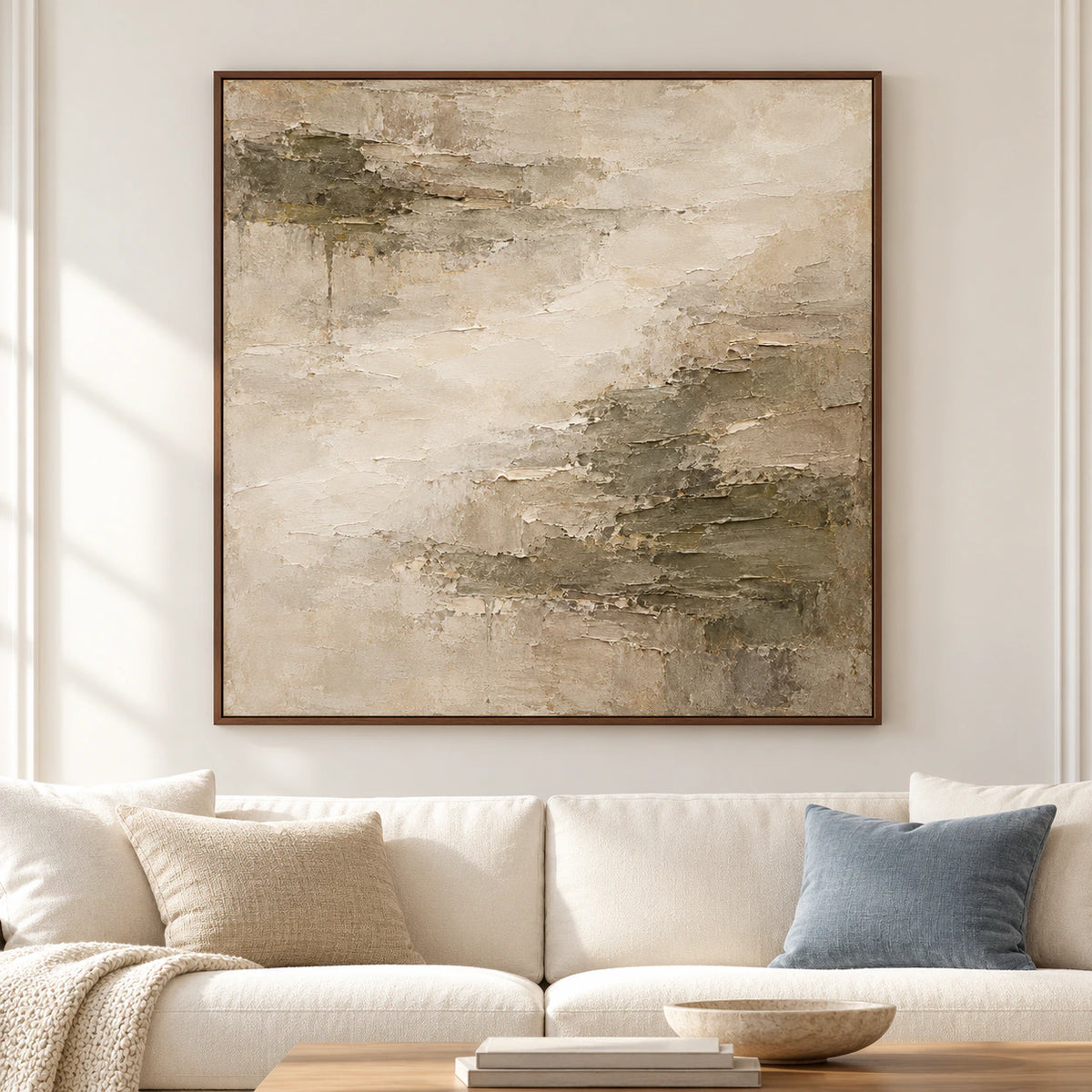 Large square Mineral-Fold abstract artwork displayed straight-on in a spacious, bright living room.