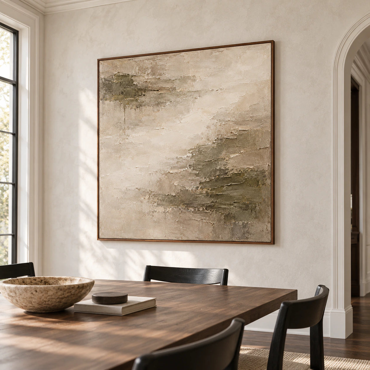 Mineral-Fold displayed on a light plaster wall in a refined dining room with a dark wood table.