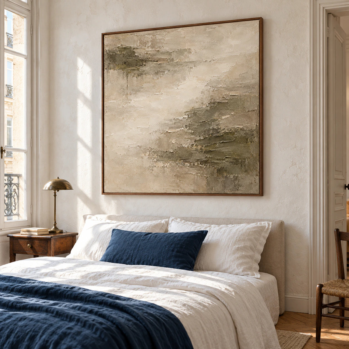 Mineral-Fold displayed above a simple bed in a quiet, sunlit bedroom.
