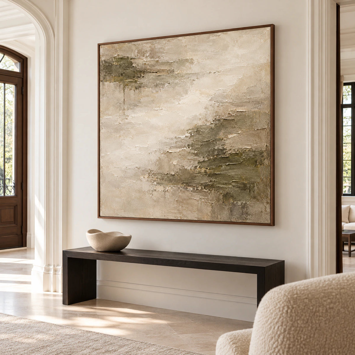 Mineral-Fold displayed at gallery scale in a bright foyer with pale stone flooring.