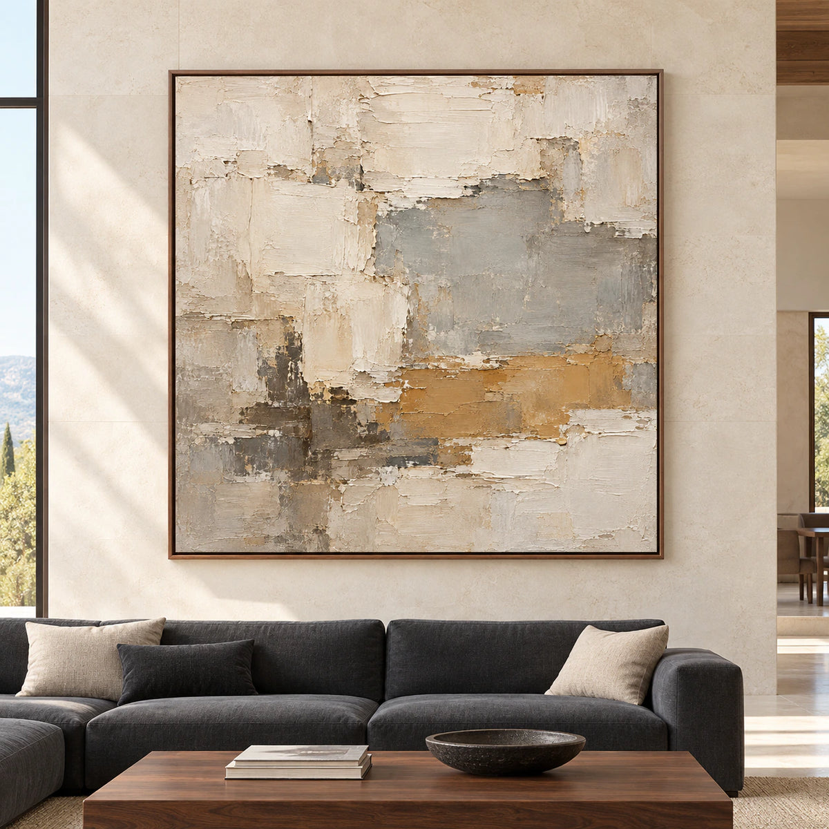 Mineral-Ledger viewed straight on, displayed large on a pale limestone wall in a daylit gallery living room with charcoal and natural wood furnishings.