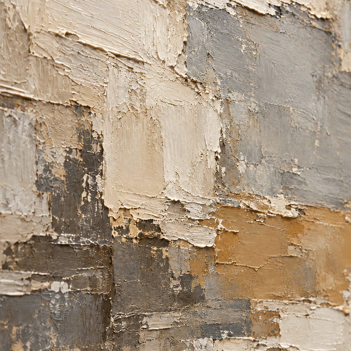 Close oblique view of Mineral-Ledger's oil paint surface, with grazing light revealing raised impasto ridges, scraped marks and shallow shadows.