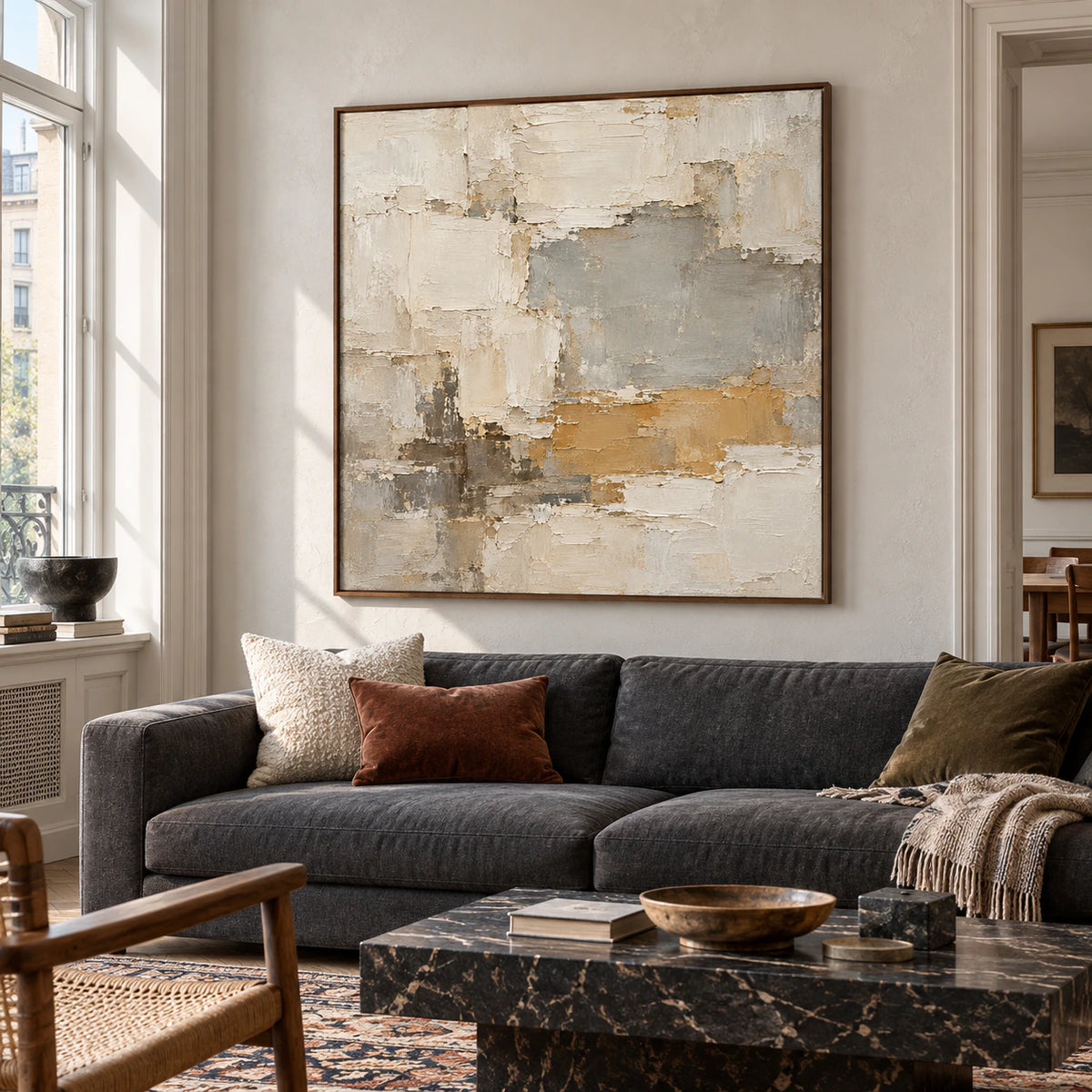 Mineral-Ledger above a low charcoal sofa on a pale plaster wall in a bright living room, viewed slightly from the left at seated height.