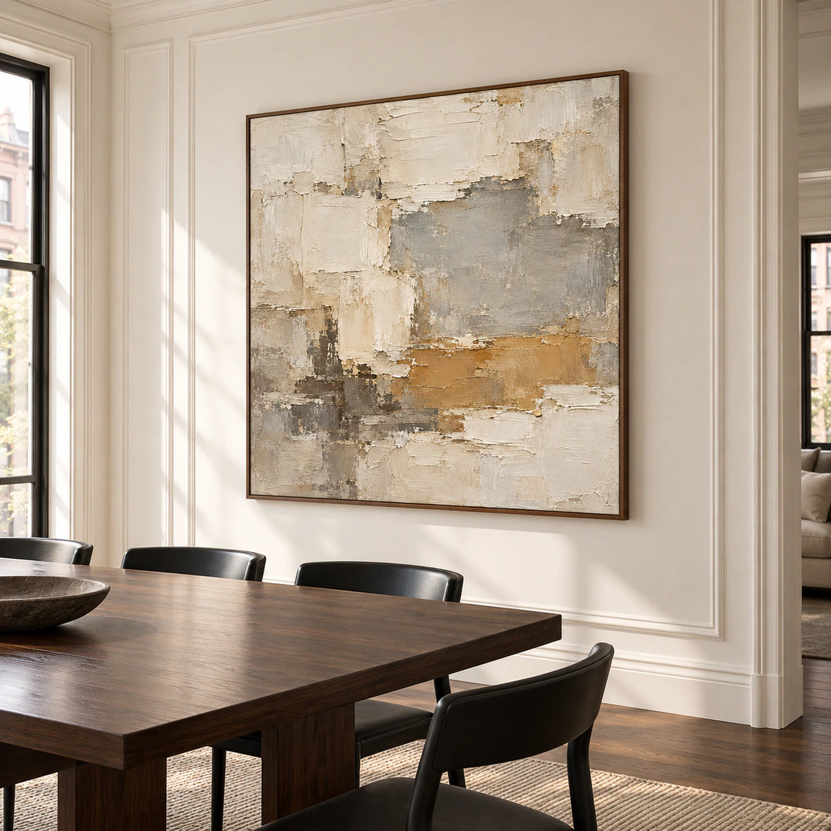 Mineral-Ledger on a warm white wall beyond a long dark walnut dining table with slim black chairs, viewed from the right in natural daylight.