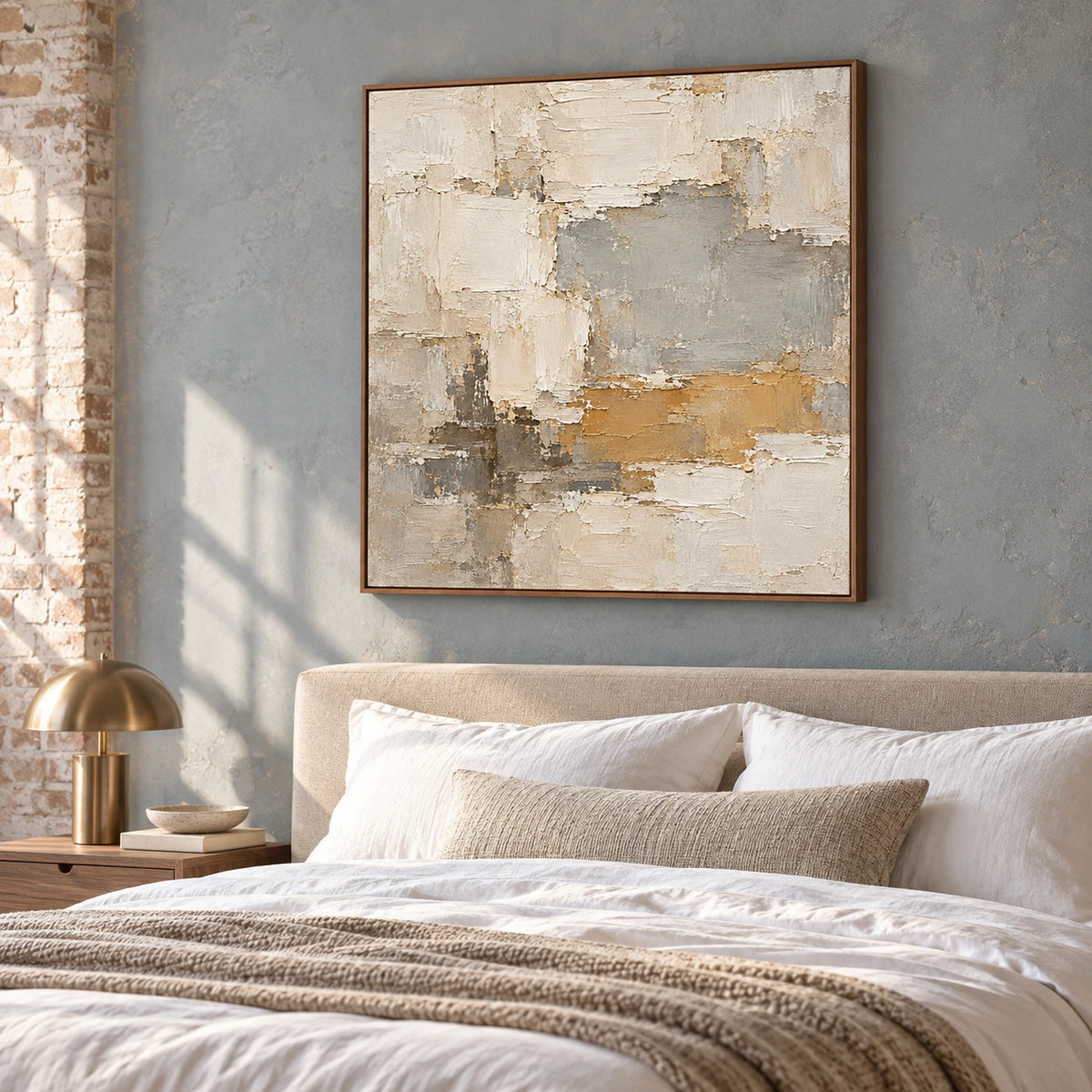 Mineral-Ledger above a low bed with white linen against a muted blue-gray wall, viewed from the left foot of the bed in soft daylight.