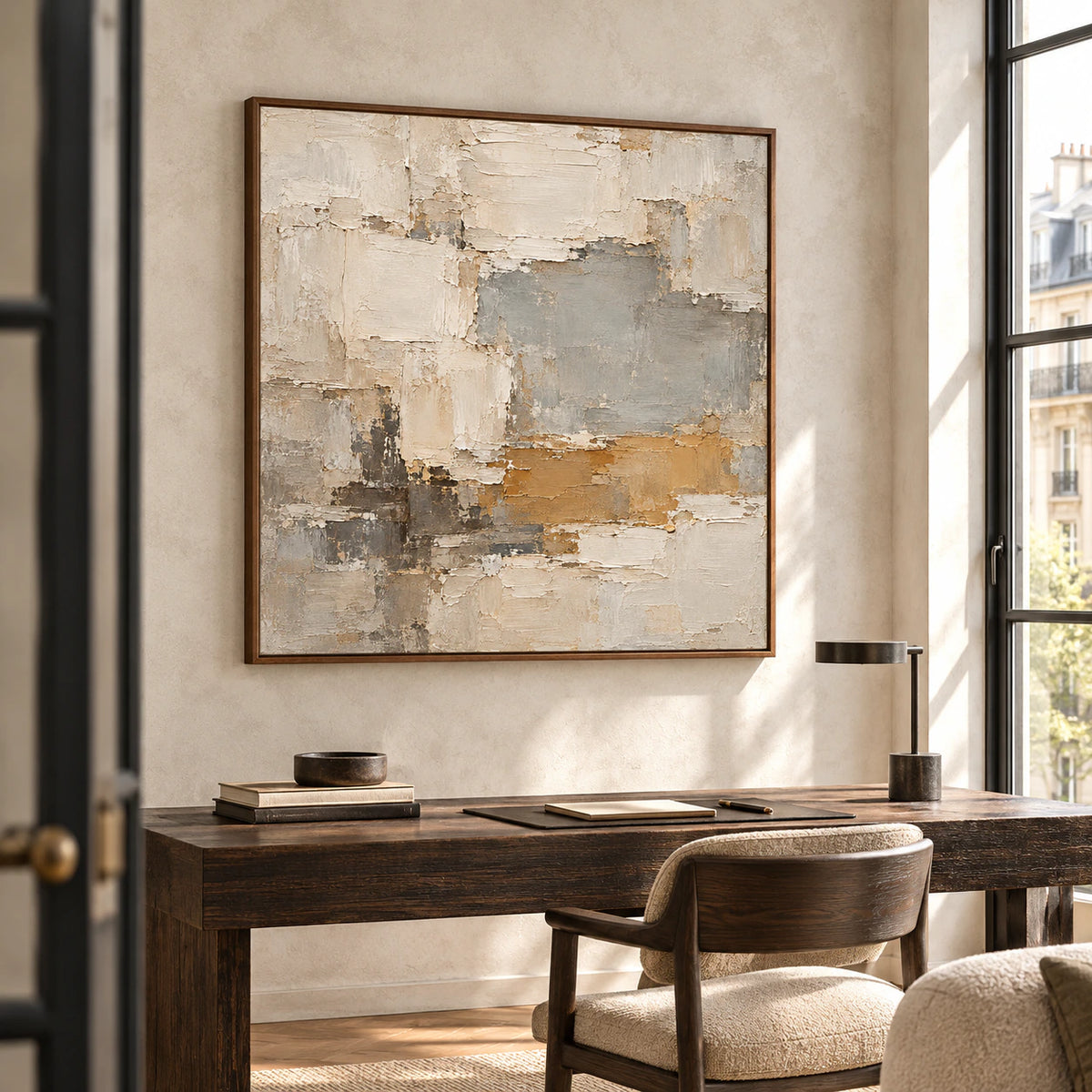 Mineral-Ledger above a dark timber writing desk beside a large window, with a simple chair and the desk in the foreground, viewed from the right.