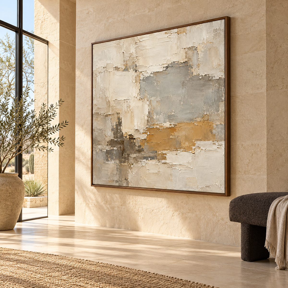 Mineral-Ledger displayed large on a pale limestone wall in a bright foyer with a high ceiling and broad floor space, viewed upward from the right.