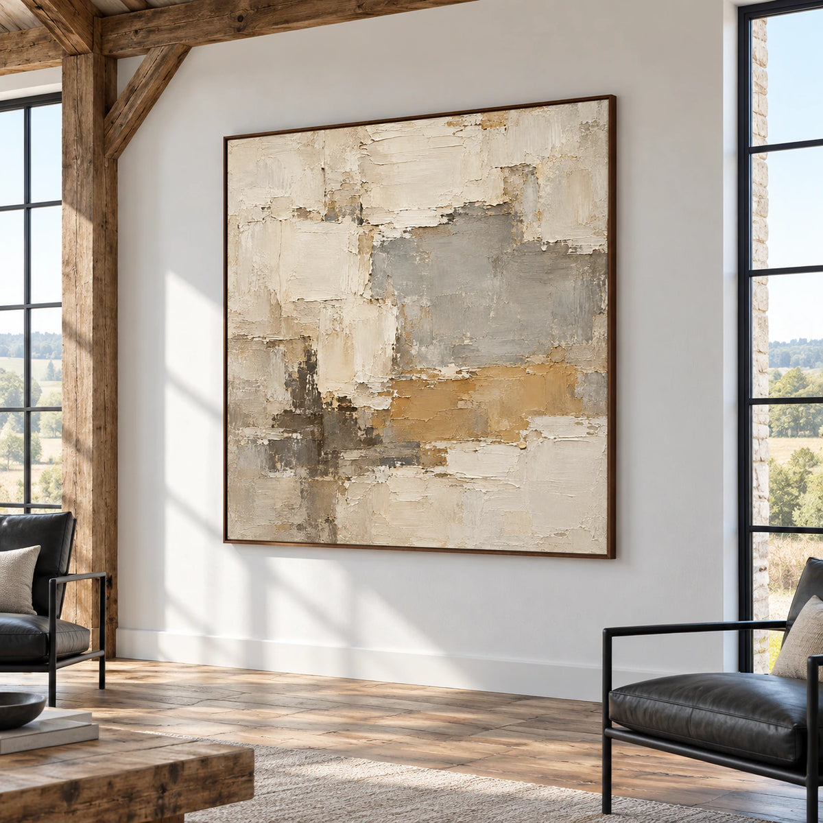 Mineral-Ledger on a cool white wall between tall industrial windows in a daylit loft with exposed timber beams, stone flooring and spare black metal seating.