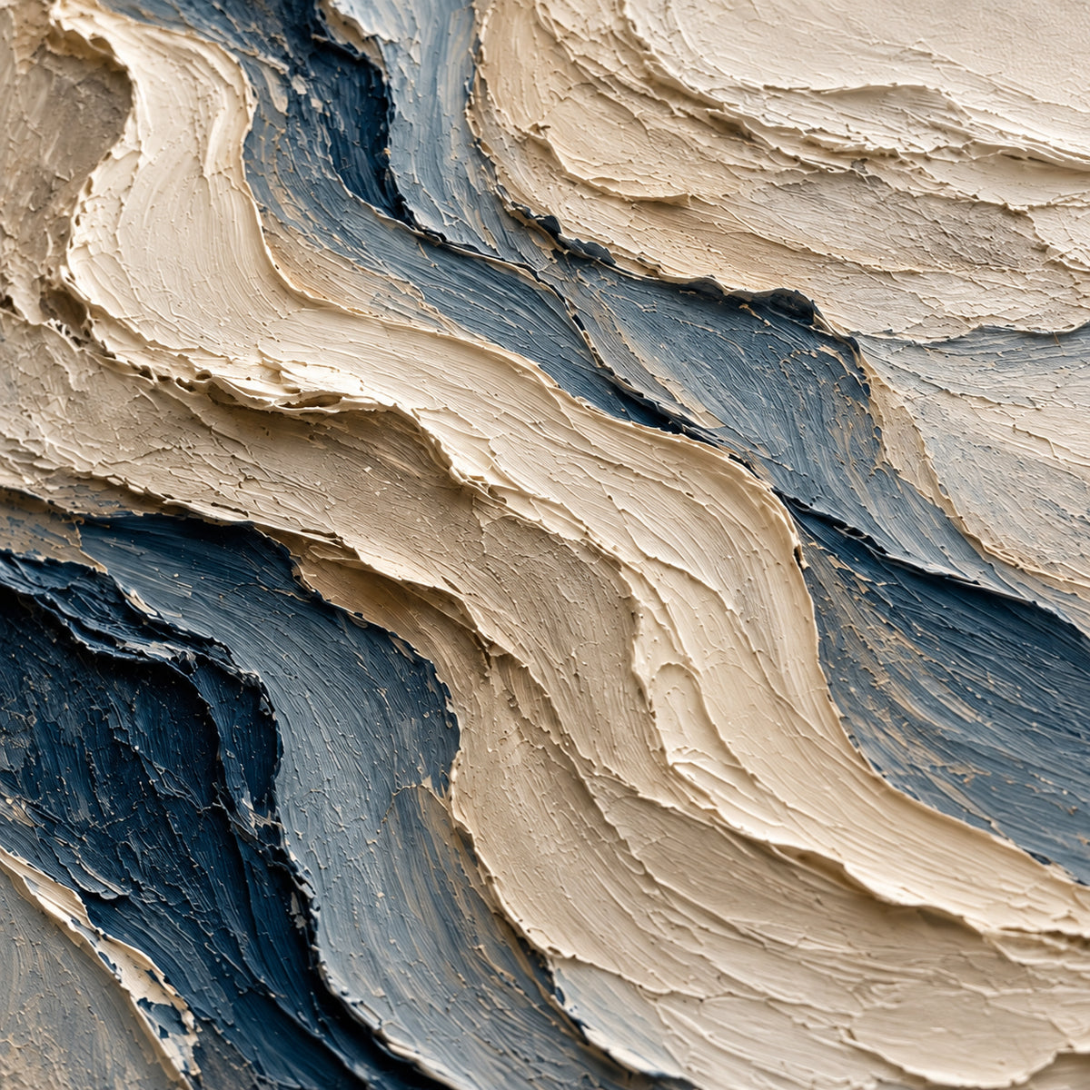 Oblique close-up of ivory and blue-gray paint ridges, with grazing light revealing raised edges, grooves and shallow shadows.