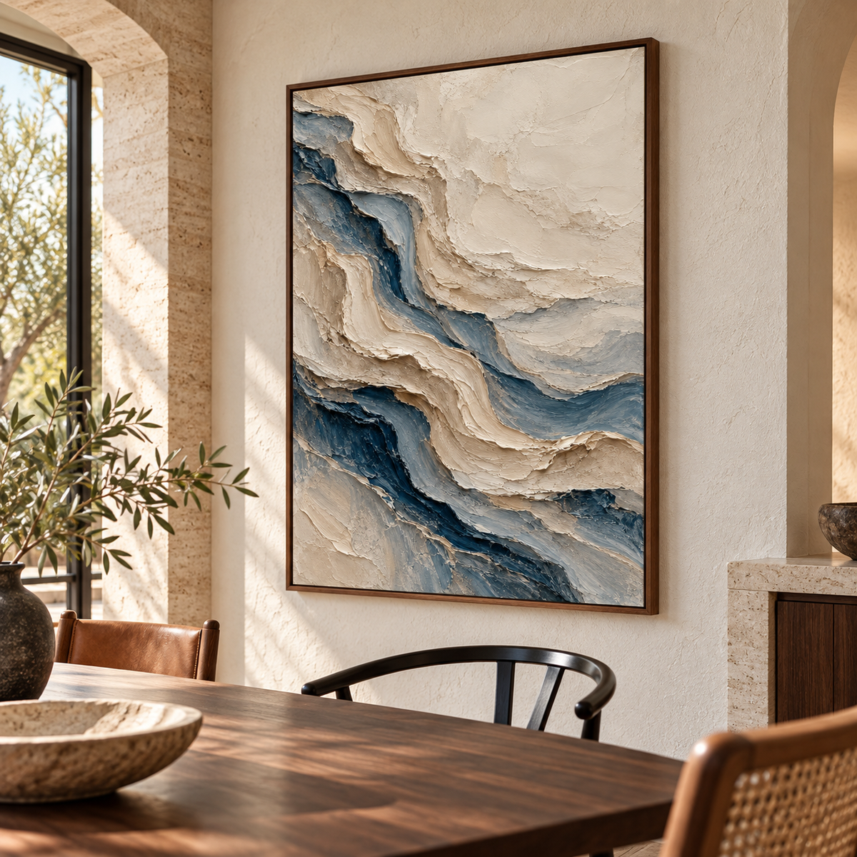 Vertical ivory and blue-gray painting on a light limestone dining room wall, viewed slightly from the left with a dark walnut table and slim black chairs.
