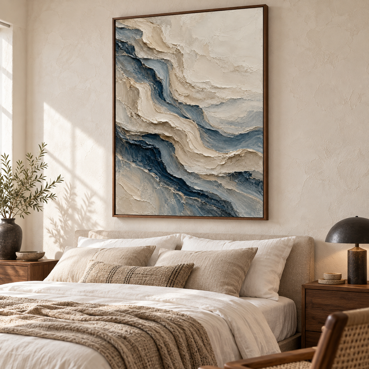 Vertical ivory and blue-gray painting above a simple bed with soft white linen, pale warm walls and minimal dark accents, viewed slightly from the right and above.