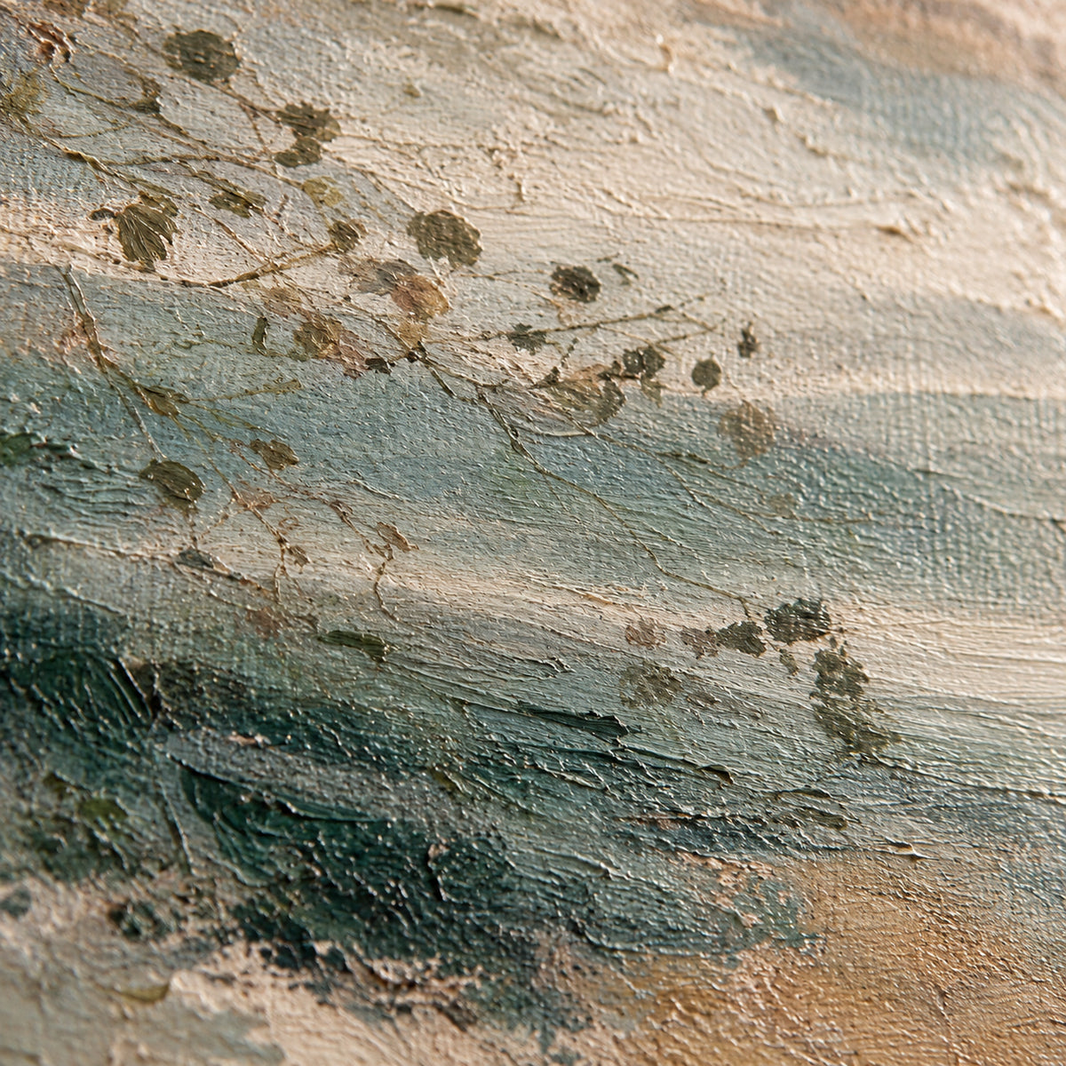 Mist-Drift oil painting brushwork and impasto detail photographed from an oblique side angle