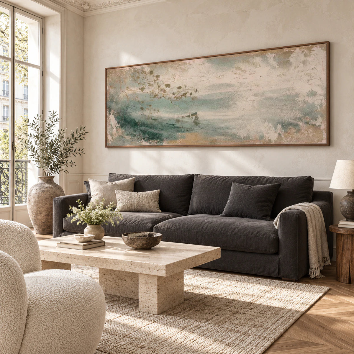 Mist-Drift as the focal artwork above a sofa in a bright living room.