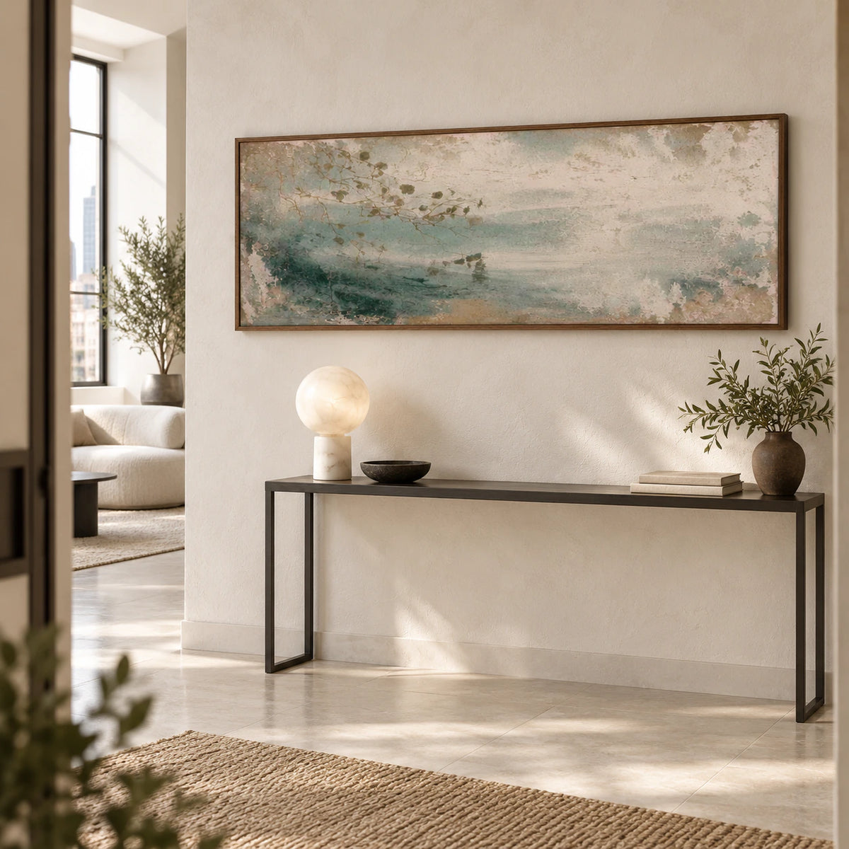 Mist-Drift presented at gallery scale in a bright architectural foyer.