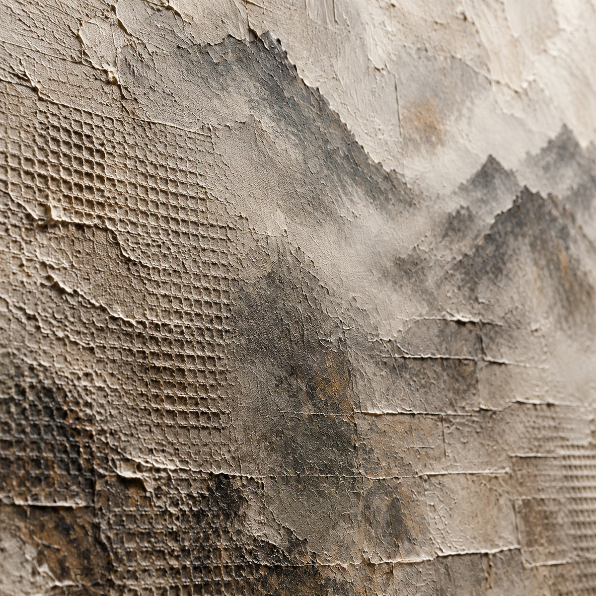 Mist-Relief oil painting brushwork and impasto detail photographed from an oblique side angle