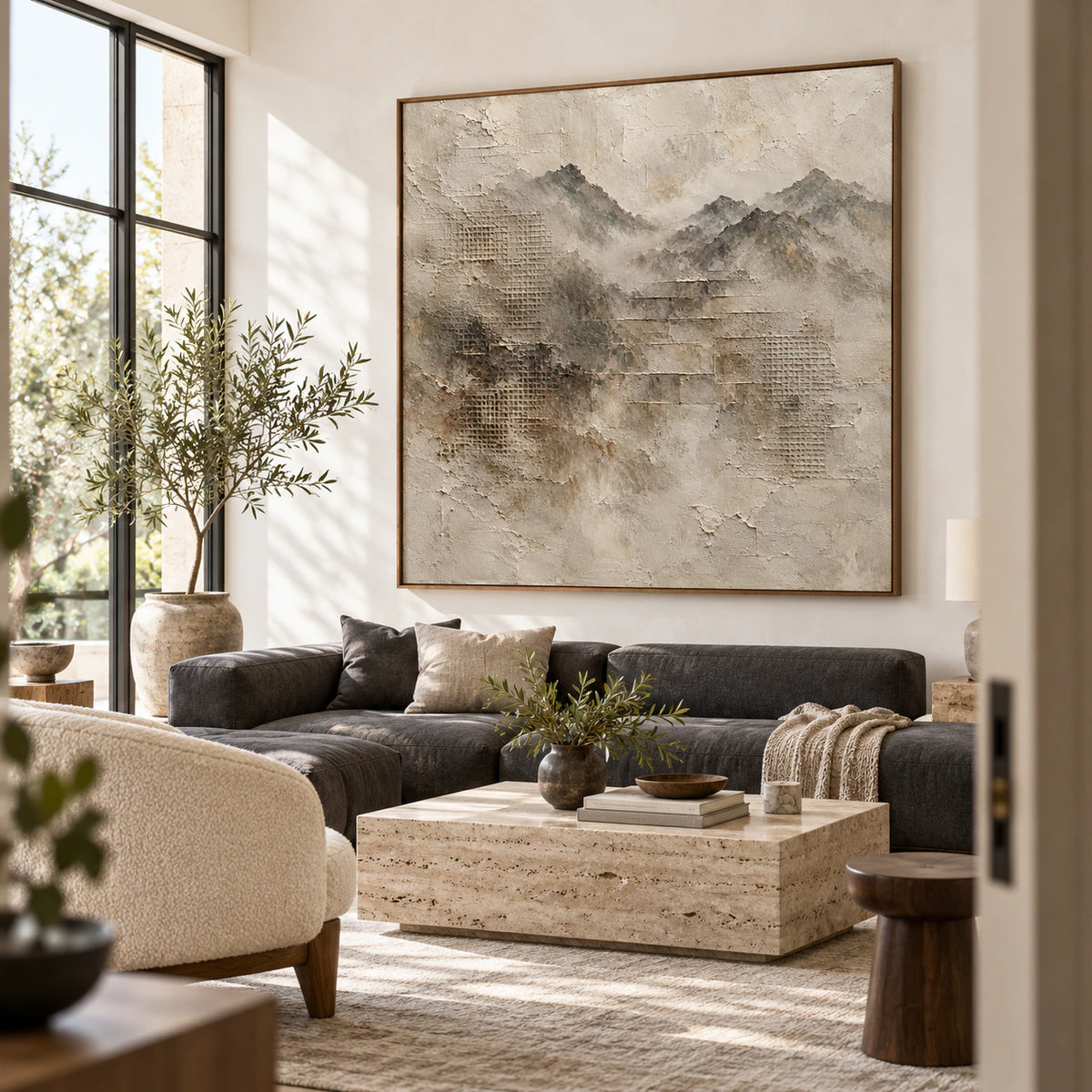 Mist-Relief above a sculptural sofa in a bright contemporary living room.