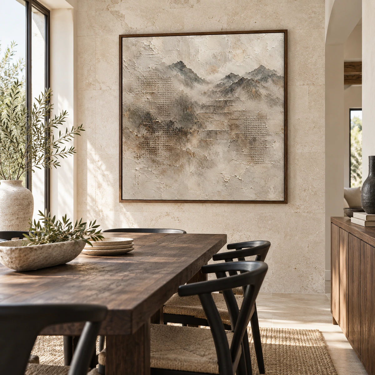 Mist-Relief as the focal artwork in a refined daylight-filled dining room.