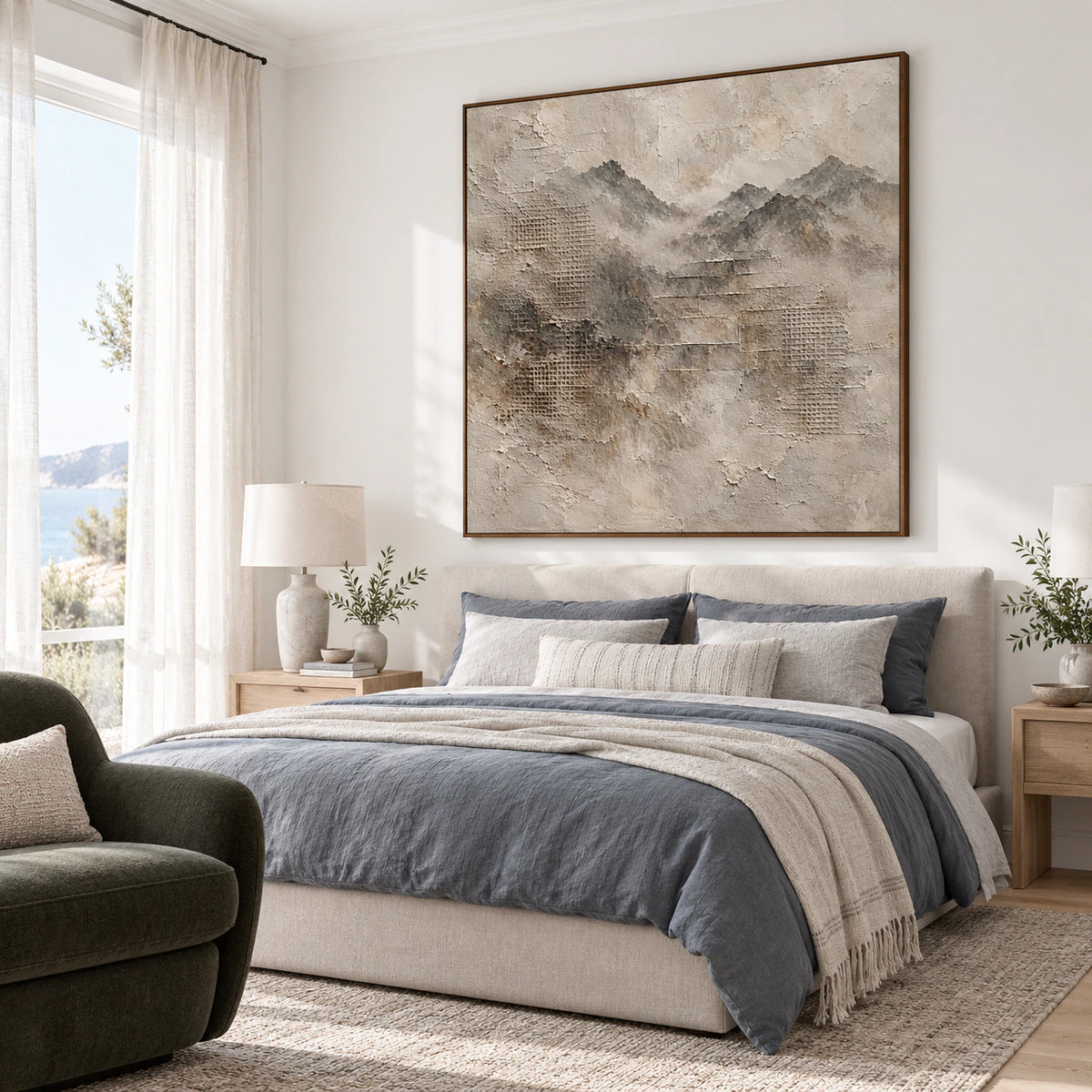 Mist-Relief above a low upholstered bed in a quiet neutral bedroom.