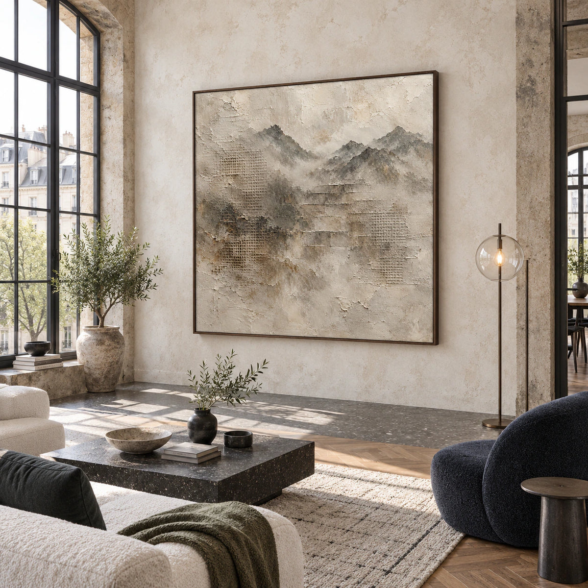 Mist-Relief as a large focal artwork in an expansive hospitality loft interior.