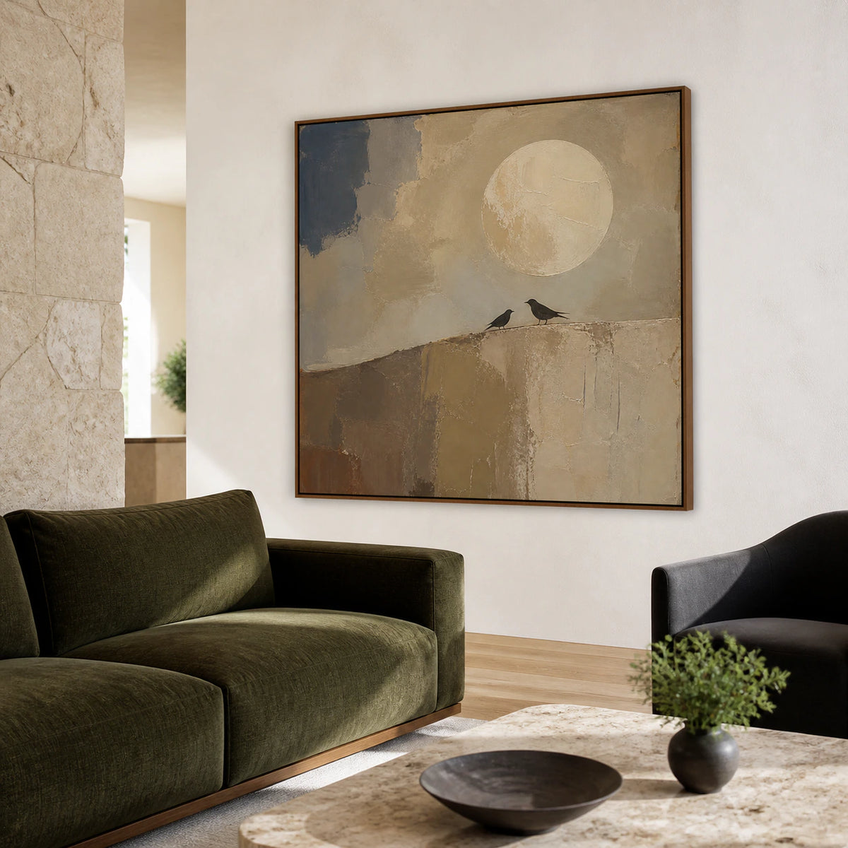 Moon-Perch above a restrained sofa in a bright daylight living room.