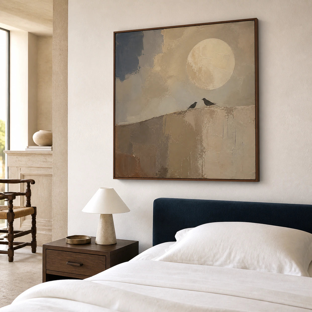 Moon-Perch bringing quiet texture to a softly lit bedroom.