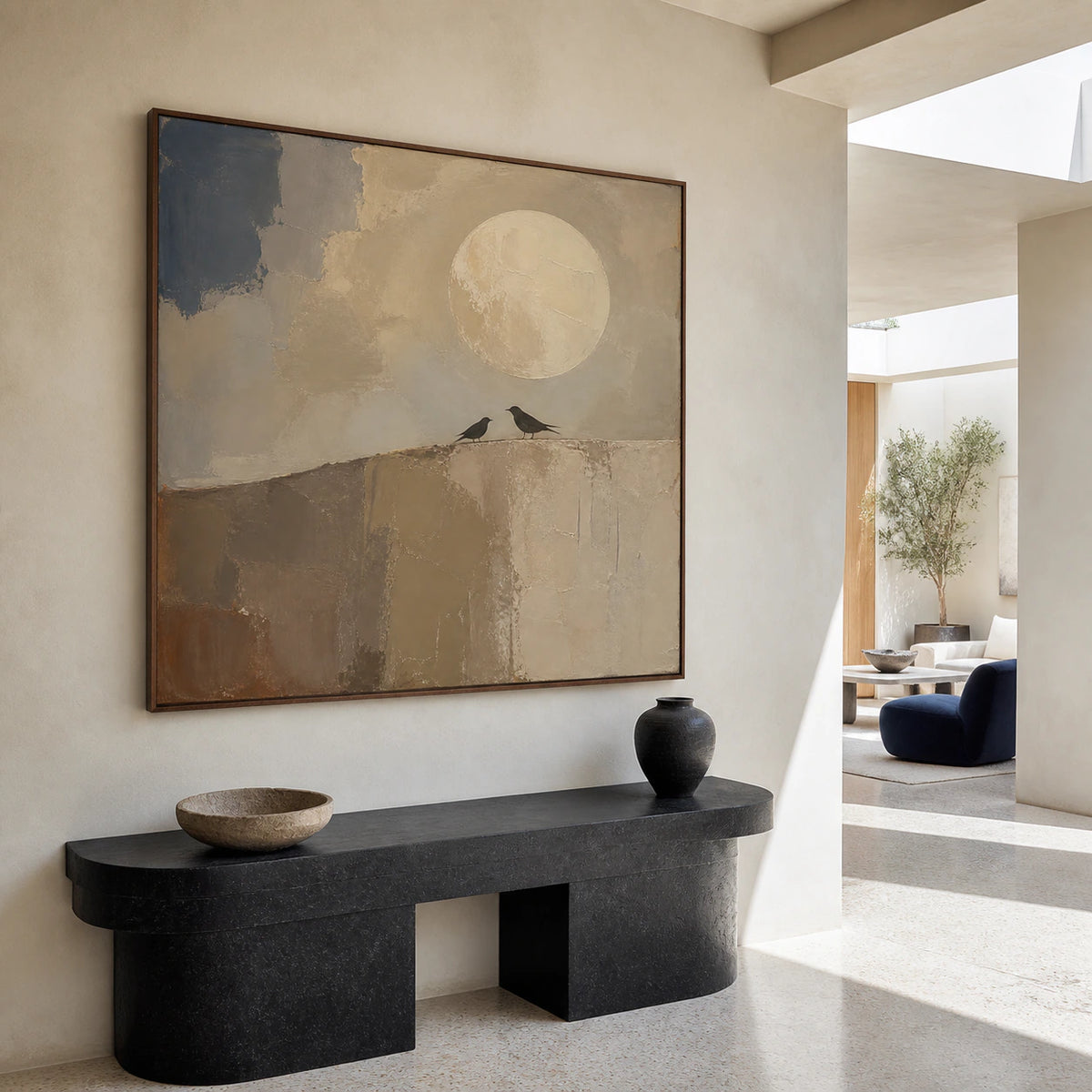 Moon-Perch presented at gallery scale in a luminous foyer.