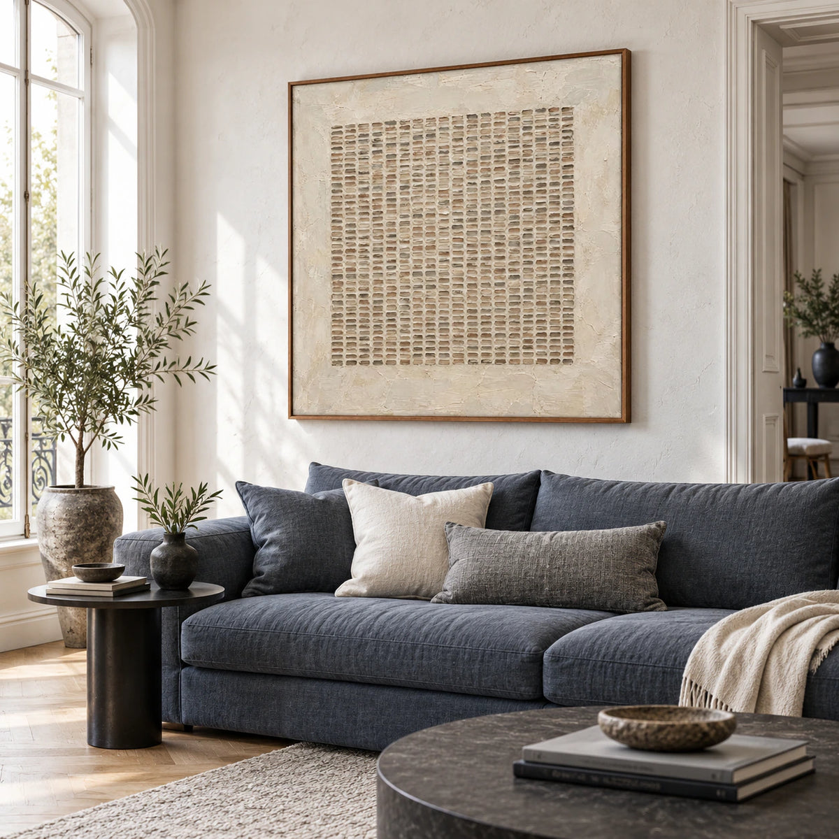 Mortar-Register as the focal artwork above a sofa in a bright contemporary living room.
