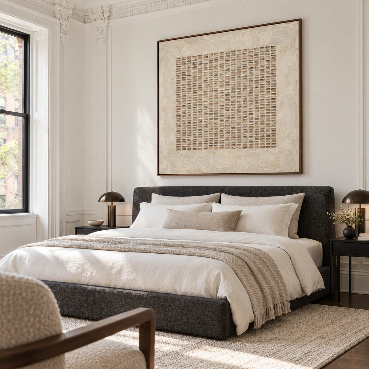 Mortar-Register above a low bed in a quiet, naturally lit bedroom.