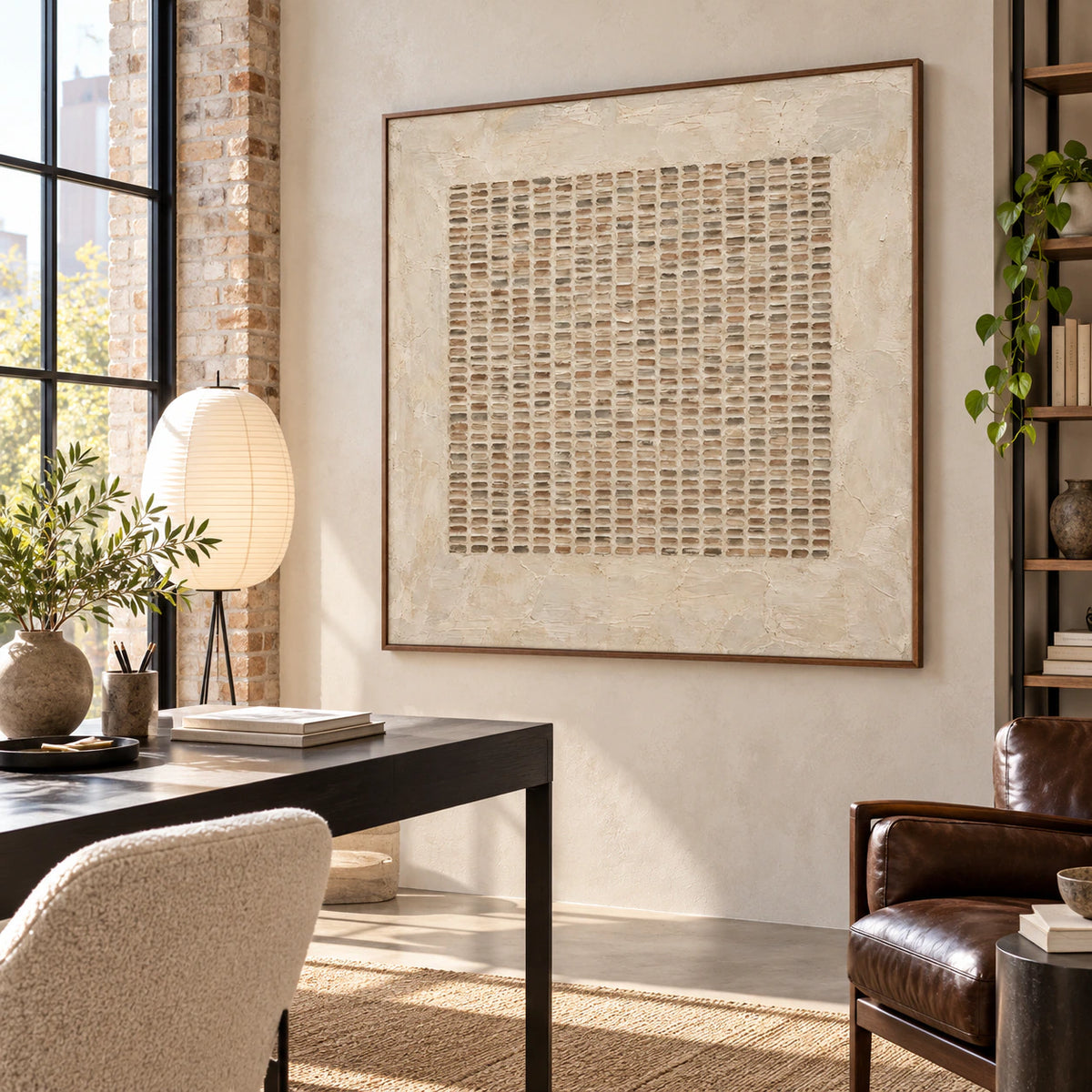 Mortar-Register as the focal artwork in an airy home office reading space.