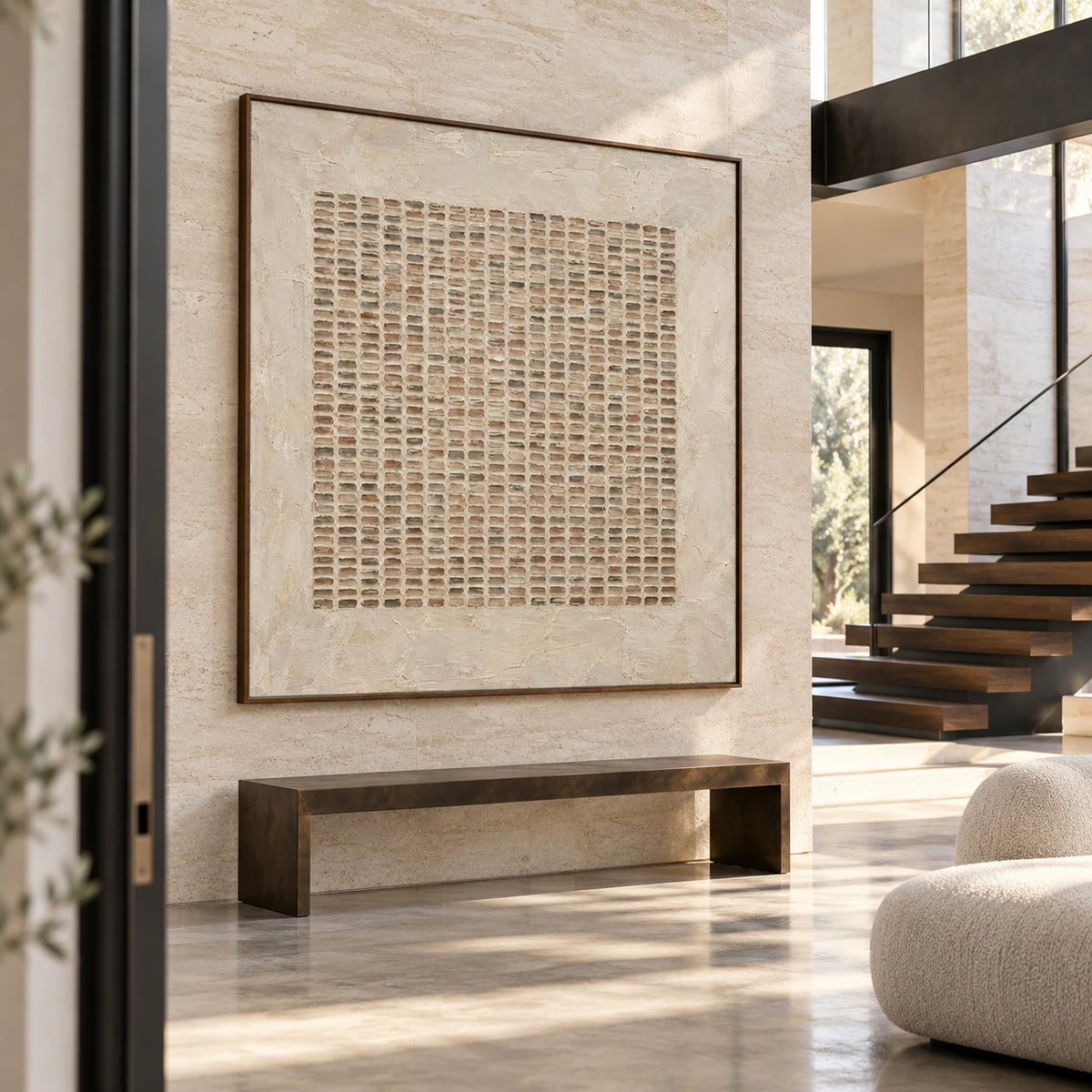 Mortar-Register installed at gallery scale in a bright sculptural foyer.