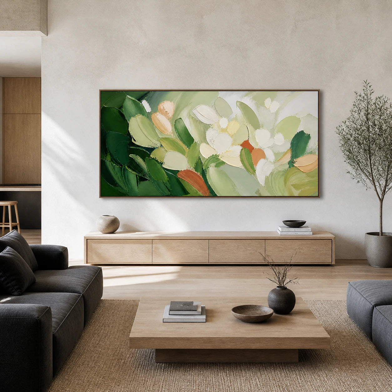 Moss-Canopy displayed at large scale in a bright, spacious contemporary room, viewed straight-on.