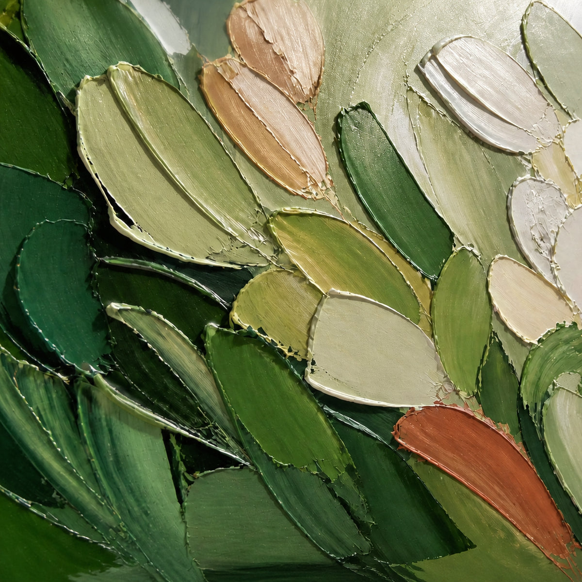 Moss-Canopy oil painting brushwork and impasto detail photographed from an oblique side angle