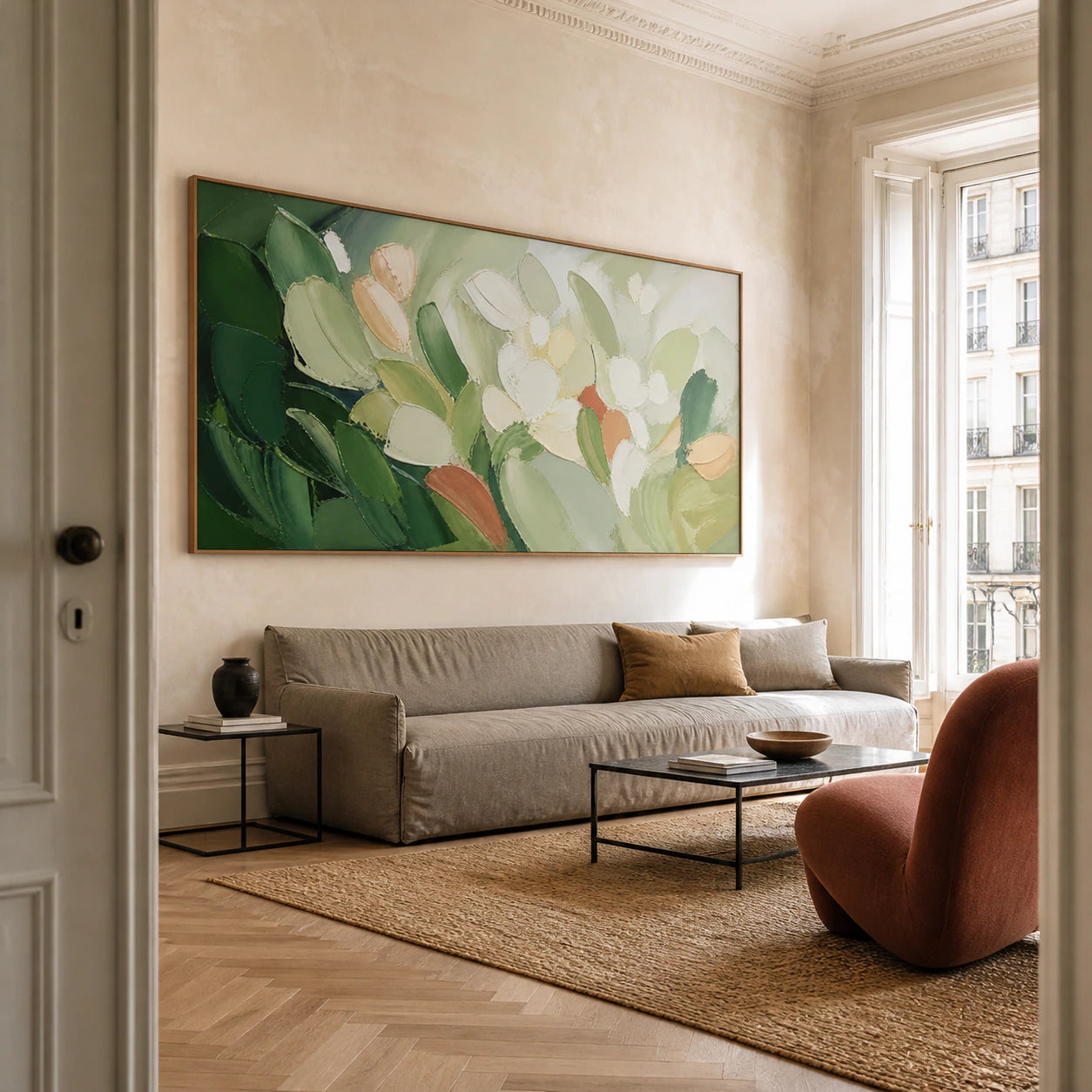 Moss-Canopy as the focal artwork above a restrained sofa in a sunlit living room.